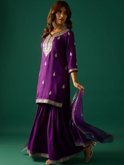 Indyancart VA Ethnic Motifs Embroidered Zari Kurta With Sharara & Dupatta