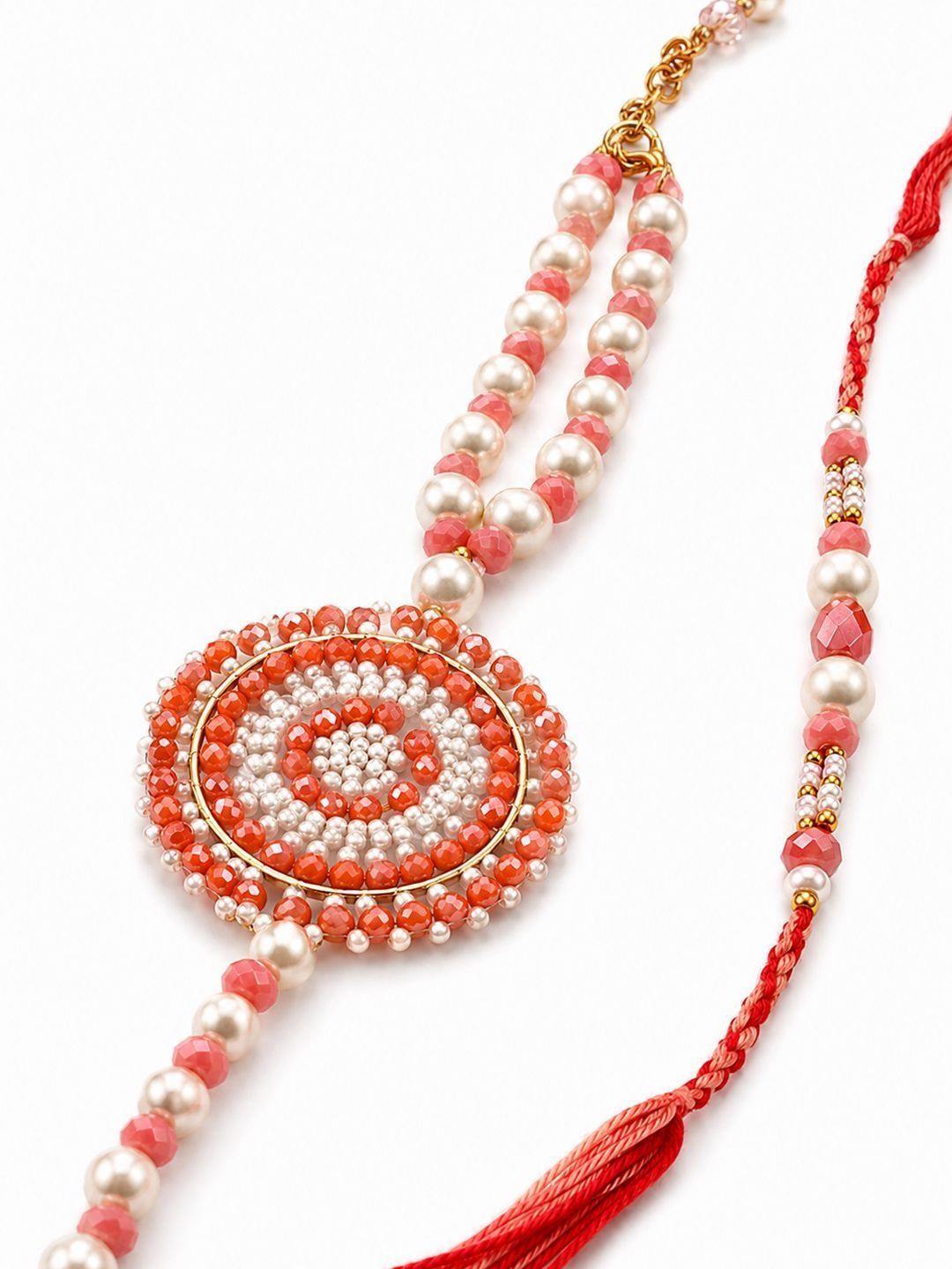 Anouk Set Of 2 Gold Toned Pearls & Beads Round Shape Bhaiya Bhabhi Rakhi With Roli Chawal