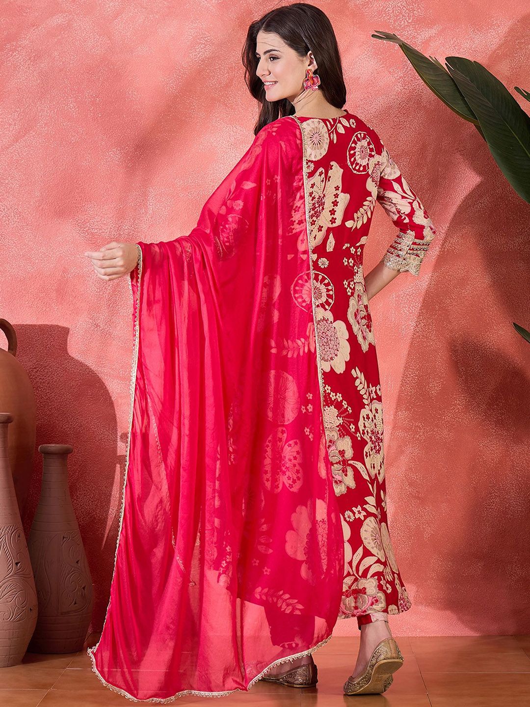 Indyancart SN Women's Floral Printed With Thread Work Embroidered Kurta With Trousers & Dupatta
