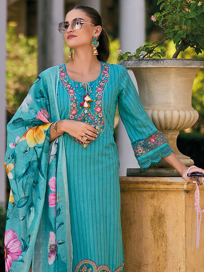 Dhiyona IE Floral Embroidered Regular Thread Work Pure Cotton Kurta with Trousers & Dupatta