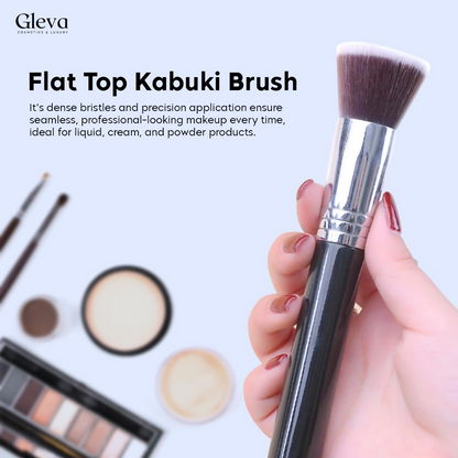 Gleva flat top kabuki foundation makeup brush in black with dense synthetic bristles for smooth application.