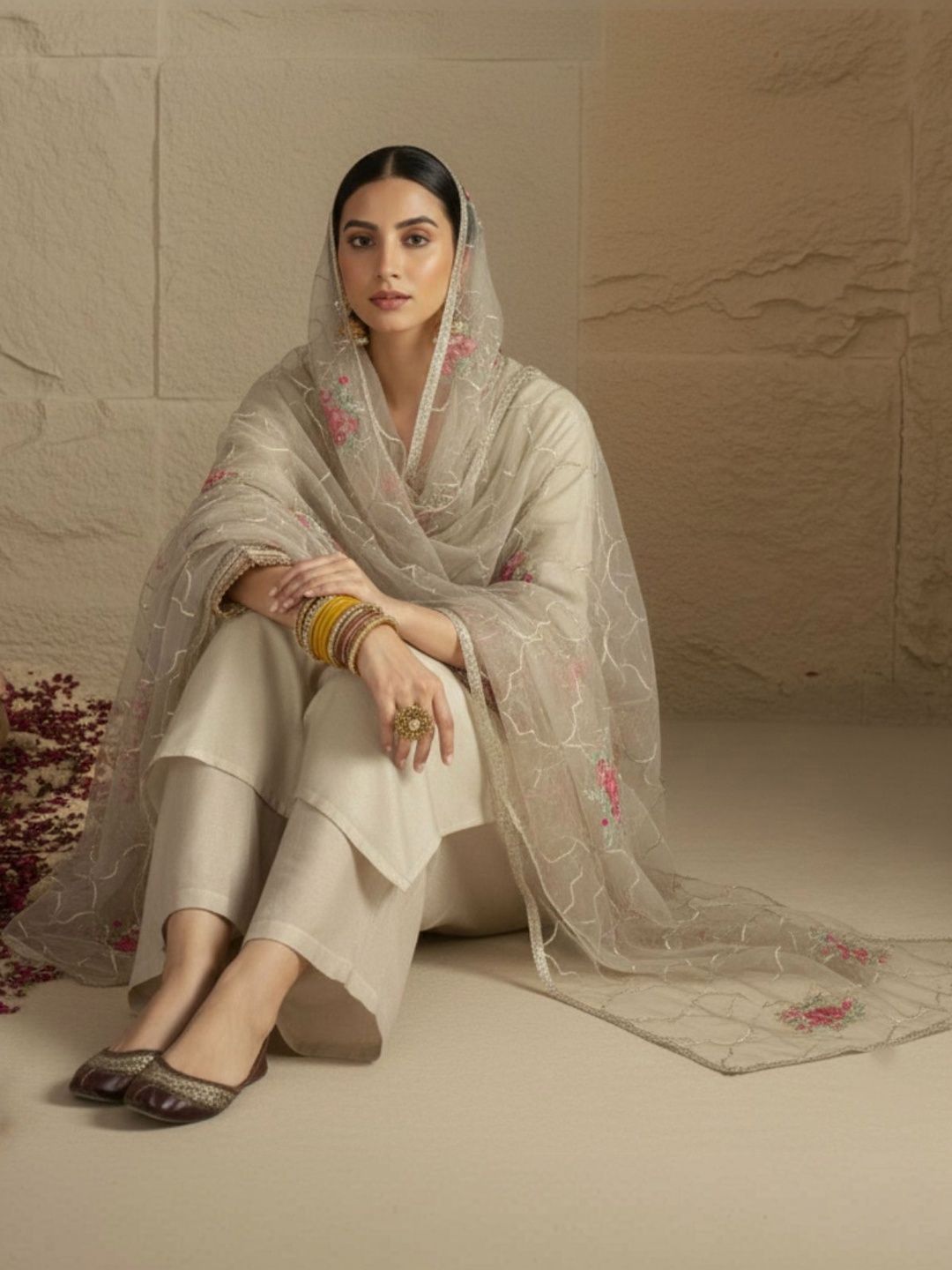 Indyancart VA Women Floral Regular Thread Work Kurta with Palazzos & With Dupatta