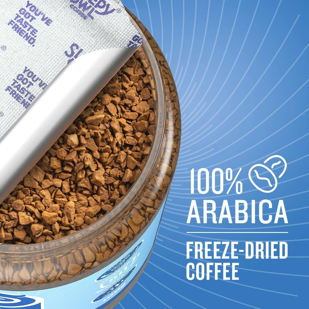 Sleepy Owl French Vanilla premium instant coffee powder in a jar, showcasing the smooth vanilla flavor and rich coffee texture.
