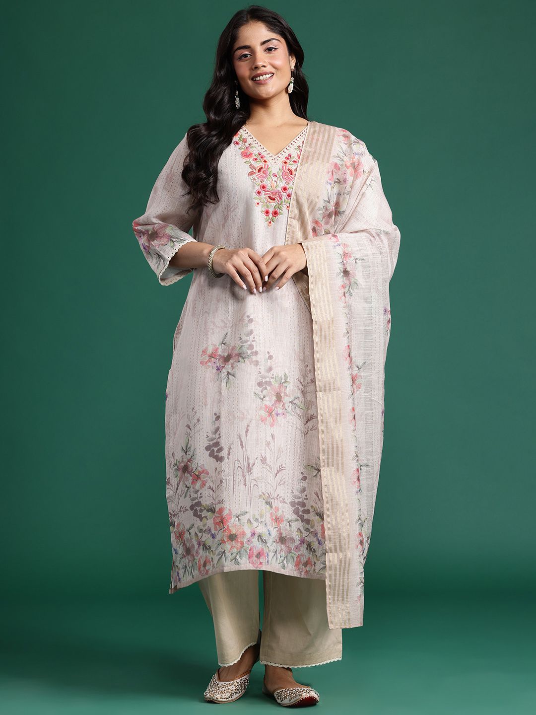 Floral Print Thread Work Linen Kurta with Trousers & Dupatta