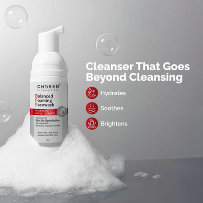 Chosen Balanced Foaming Facewash daily cleanser with Optimsm, soft foam and gentle ingredients for fresh, clean skin.