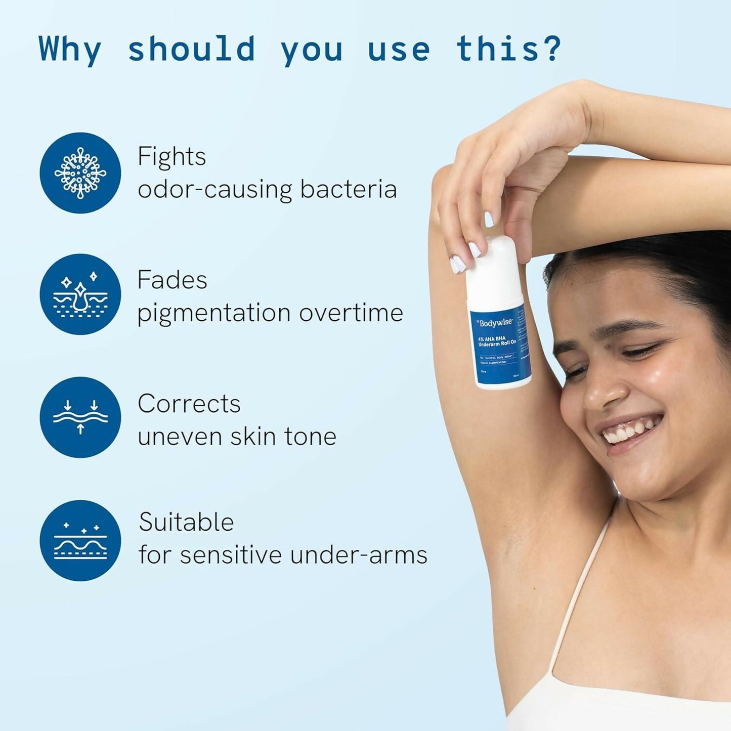 BeBodywise 4% AHA BHA underarm roll-on cream for reducing pigmentation, shown with the roll-on applicator on clear skin.