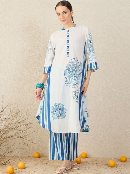 Floral Printed Pure Cotton Kurta With Trouser & Dupatta