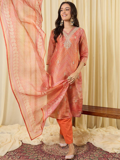 Women Printed Regular Thread Work Kurta with Trousers & With Dupatta