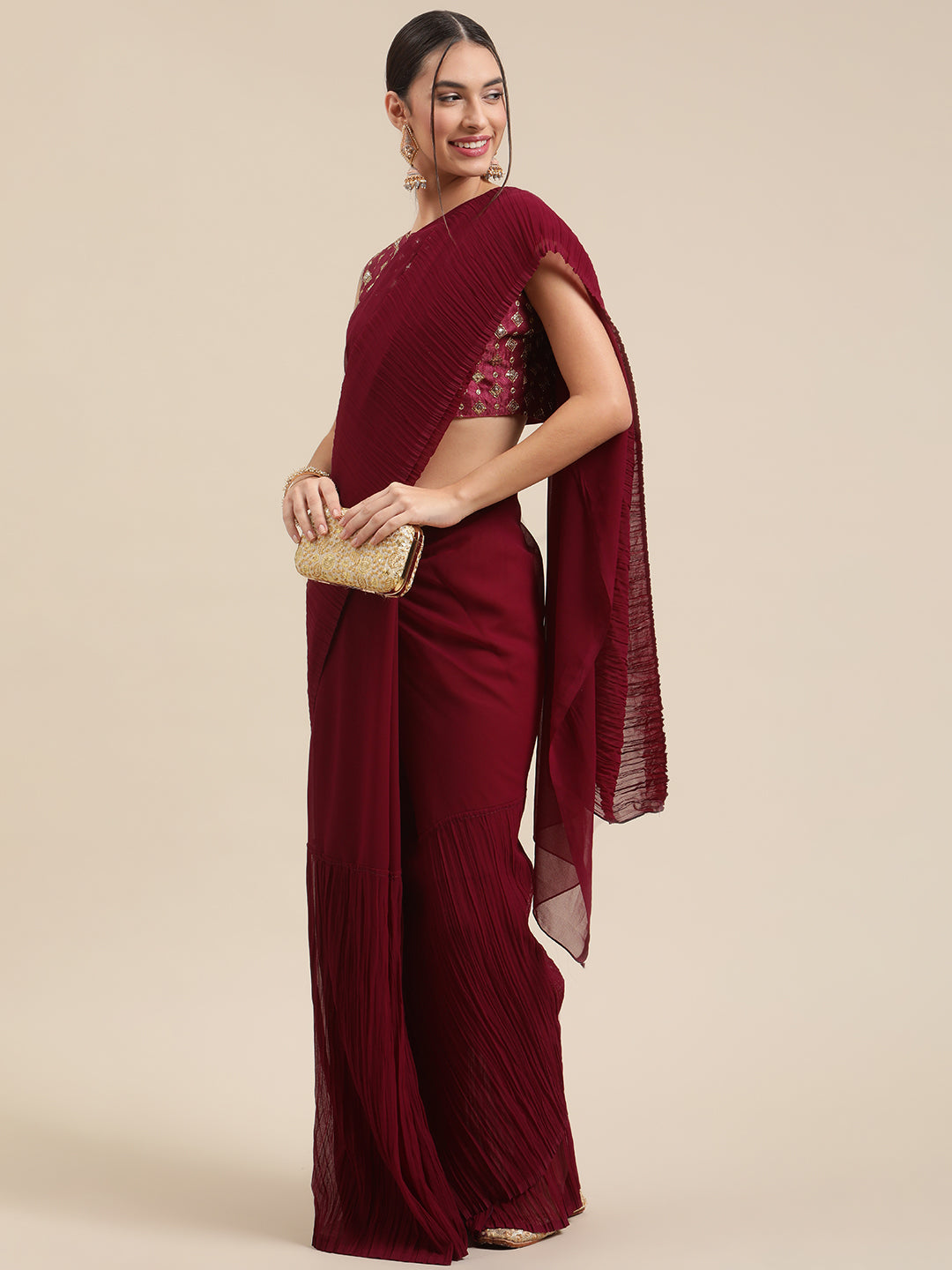 Women's Georgette Wine Solid Celebrity Saree With Blouse Piece