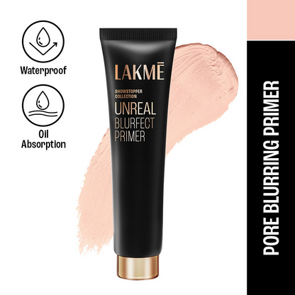 Lakme Unreal Blur Perfect Face Primer in a tube, designed to mattify skin and blur pores for a smooth complexion.