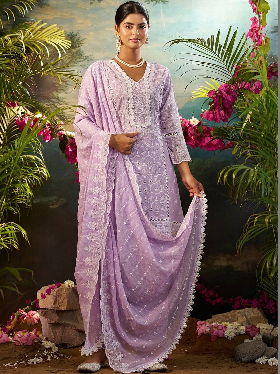 Women Ethnic Motifs Embroidered Regular Chikankari Pure Cotton Kurta with Trousers & With Dupatta