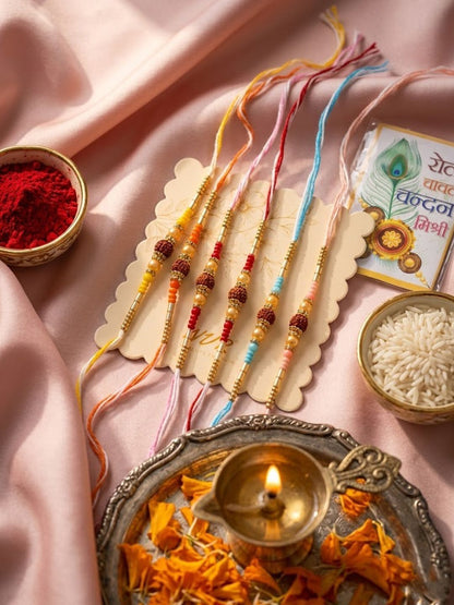 Anouk Set Of 6 Rudraksh & Artificial Beads Thread Rakhi With Roli Chawal Chandan Mishri