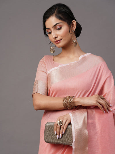 Women's Linen Blend Pink Woven Design Celebrity Saree With Blouse Piece