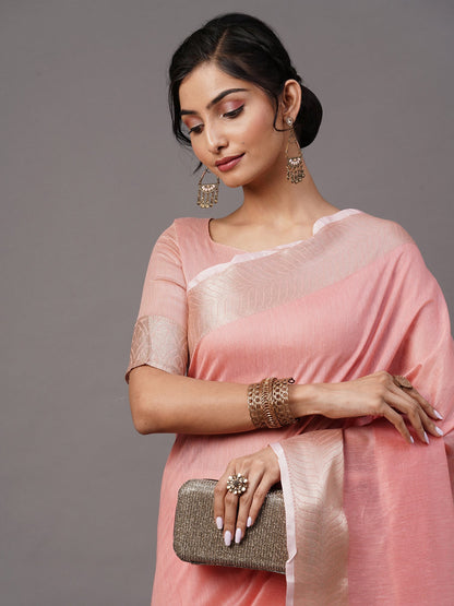 Women's Linen Blend Pink Woven Design Celebrity Saree With Blouse Piece