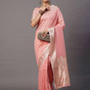 Women's Linen Blend Pink Woven Design Celebrity Saree With Blouse Piece