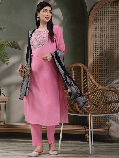 Indyancart SN Women's Embroidered Pure Cotton Straight Kurta With Trousers & Dupatta