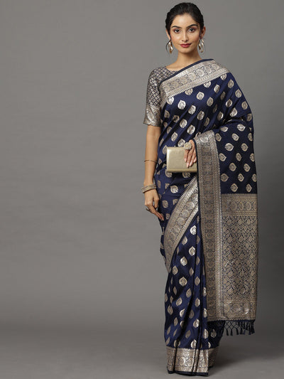 Women's Silk Blend Navy Blue Woven Design Woven saree With Blouse Piece