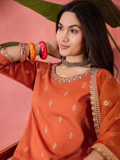 Indyancart SN Women's Orange Ethnic Motifs Woven Design Sequinned Kurta With Trousers And Dupatta