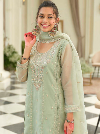 Ethnic Motifs Embroidered Round Neck Straight Kurta With Trousers & Dupatta