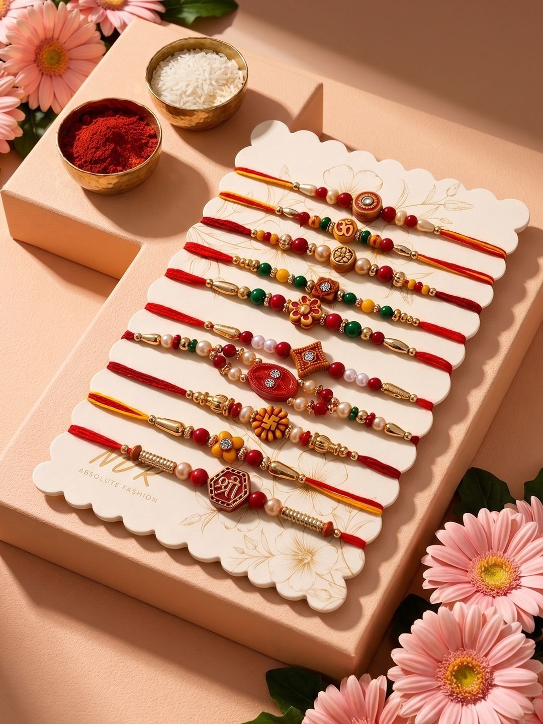 Anouk Set Of 10 Artificial Stones & Beads Thread Rakhi With Roli Chawal Chandan Mishri