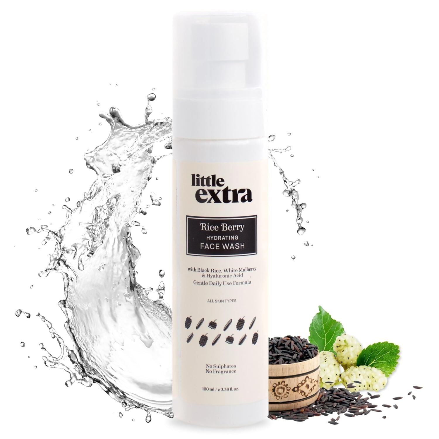 Little Extra Rice Berry Face Wash bottle with label, showcasing natural ingredients and gentle cleansing for all skin types.