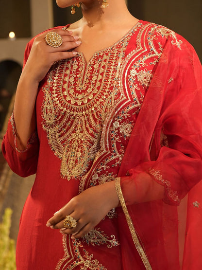 Indyancart IE Women's Women Ethnic Motifs Embroidered Regular Liva Kurta with Trousers & With Dupatta