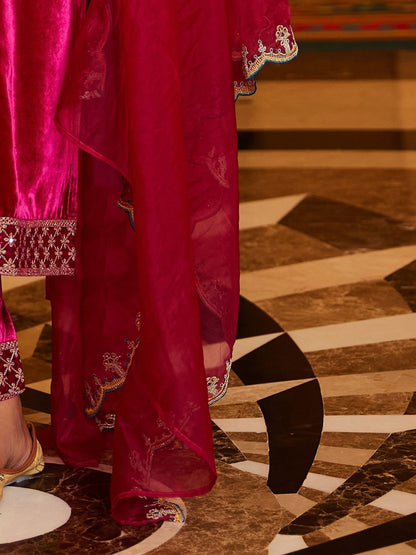 Floral Yoke Design Sequinned Velvet Straight Kurta With Trousers & Dupatta