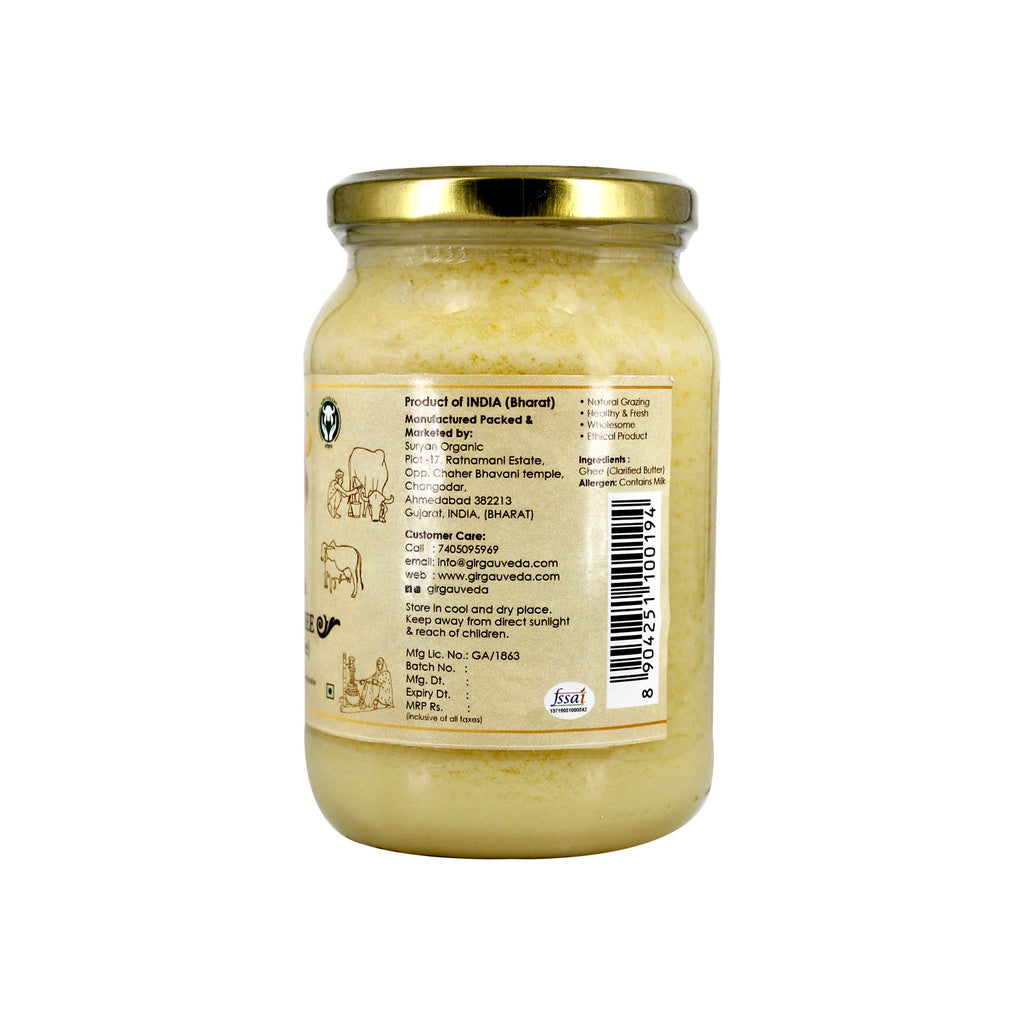 Gir Ahinsak Bilona A2 Ghee in traditional container, showcasing pure cow ghee from Desi Gir breed for cooking and health.