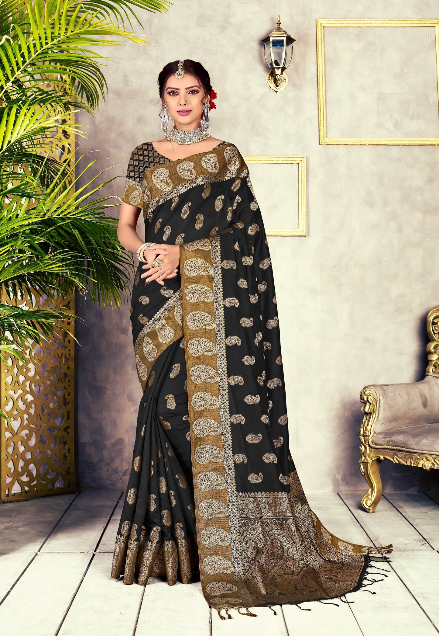 Dhiyona GR Women's GJ Black Diamond Jade Black Zari Woven Design Cotton Blend Saree