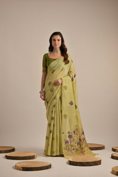 Indyancart GR Women's Arisaa Green Muga Cotton Saree