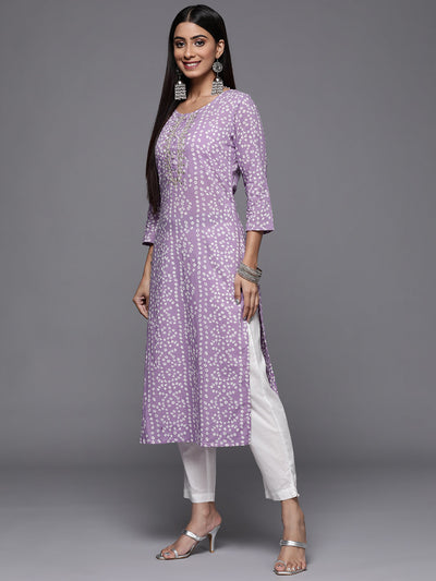 Indyancart VR Women's Lavender Bandhani Print Embroidered Kurta Has Round Neck