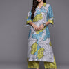 Dhiyona VR Women's Blue And Green Abstract Printed Shirt Collar, Straight Kurta With Side And Front Slits Paired With Printed Bottom