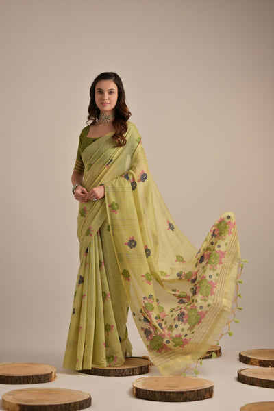 Indyancart GR Women's Arisaa Green Muga Cotton Saree