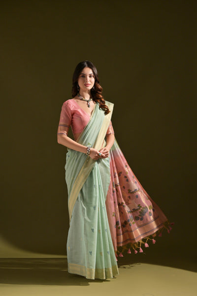 Indyancart GR Women's Siara Sea Green Muga Cotton Saree