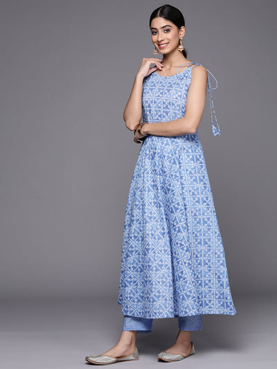 Indyancart VR Women's Blue Bandhani Printed Kurta Spaghetti Strap With Drawstring Paired With Tonal Printed Bottom