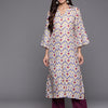 Dhiyona VR Women's Off White Ikat Printed Shirt Collar Straight Kurta Paired With Violet Solid Bottom
