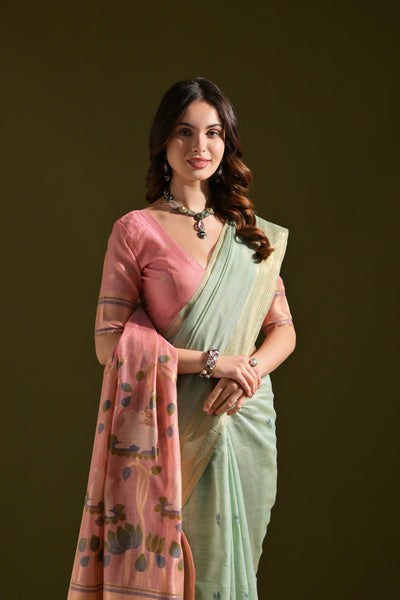 Indyancart GR Women's Siara Sea Green Muga Cotton Saree