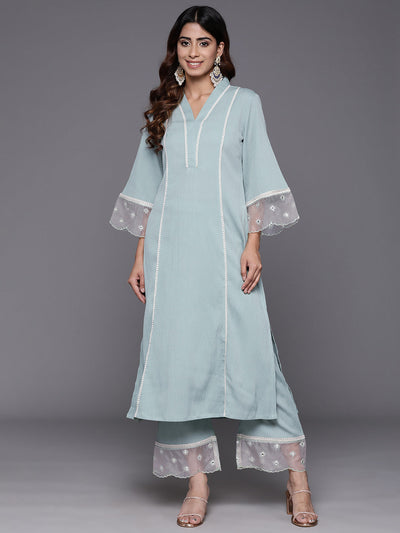 Indyancart VR Women's Sea Green Organza And Lace Detailed Kurta Set