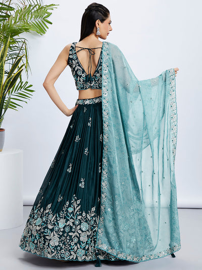 Women Teal Pure Georgette Sequins and thread embroidery  Lehenga choli & Dupatta