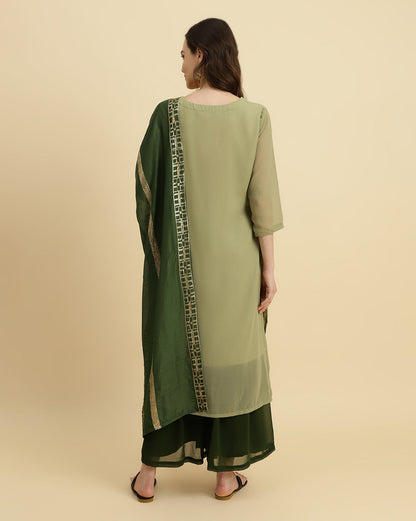 Indyancart VR Women's Green Sequened Kurta With Sharara And Sequened Ombre Dupatta