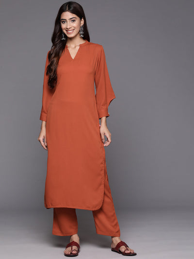 Indyancart VR Women's Rust Long Sleeves With Smart Cut Cuff, Straight Kurta Paired With Tonal Solid Bottom