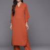 Dhiyona VR Women's Rust Long Sleeves With Smart Cut Cuff, Straight Kurta Paired With Tonal Solid Bottom