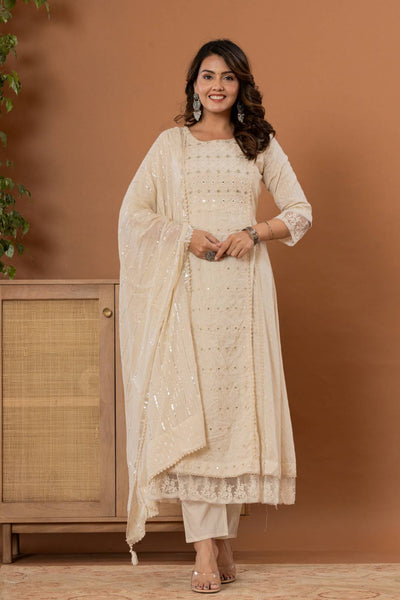 Indyancart VR Women's Off-White Mirror And Thread Work, Scallop Lace Anarkali Kurta Paired Wirh Embroidered Bottom And Dupatta