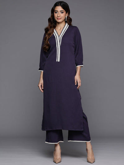 Indyancart VR Women's Navy Blue Cotton Lace Detailed Kurta Set