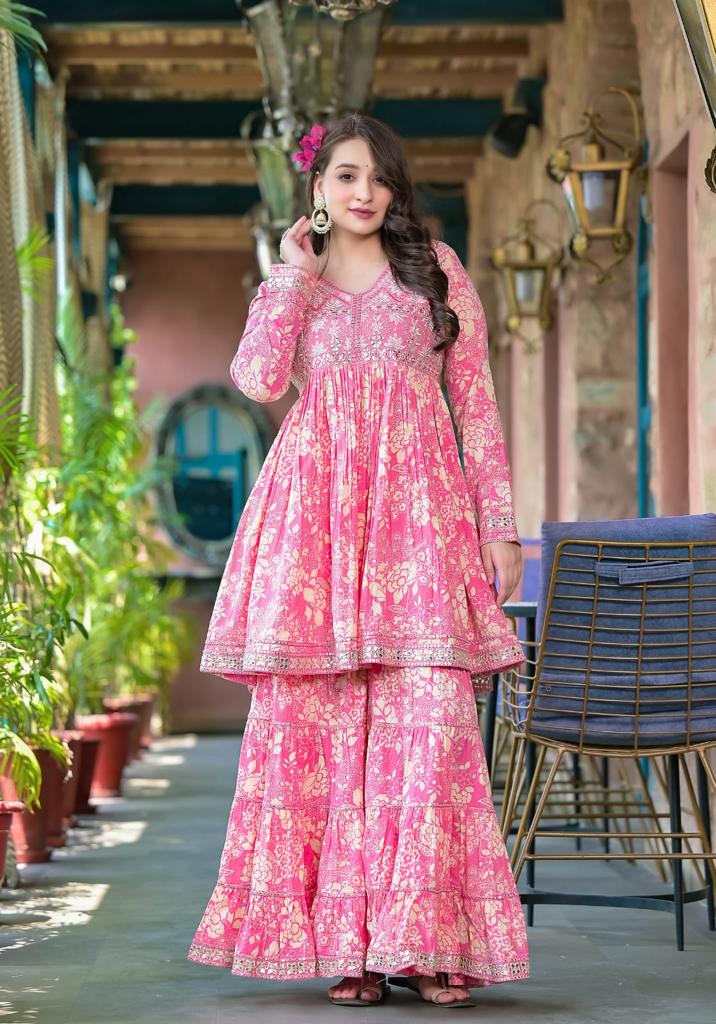 Indyancart VR Women's Pink Floral Printed Mirror Work Anarkali Kurta With Sharara And Dupatta