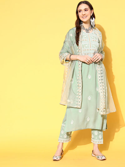Indyancart VR Women's Sea Green Embroidered Kurta Paired With Tonal Trouser And Dupatta