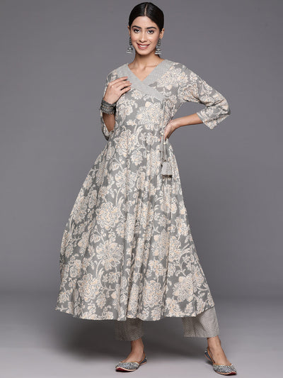 Indyancart VR Women's Grey Floral Printed Angrakha Style Anarkali Kurta Paired With Printed Bottom