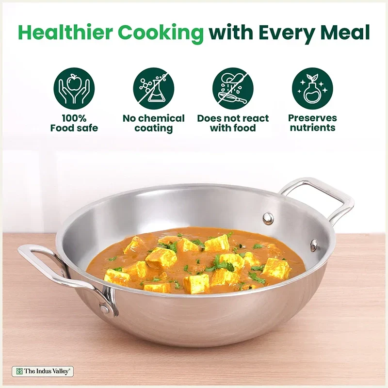 The Indus Valley TurboCuk Tri-ply Stainless Steel Kadai, Premium Quality, 3 Layer Thick Body, 100% Toxin-free, Non-stick, Induction & Gas, Free ₹110 Spatula, 1.7/2.7/3.5L