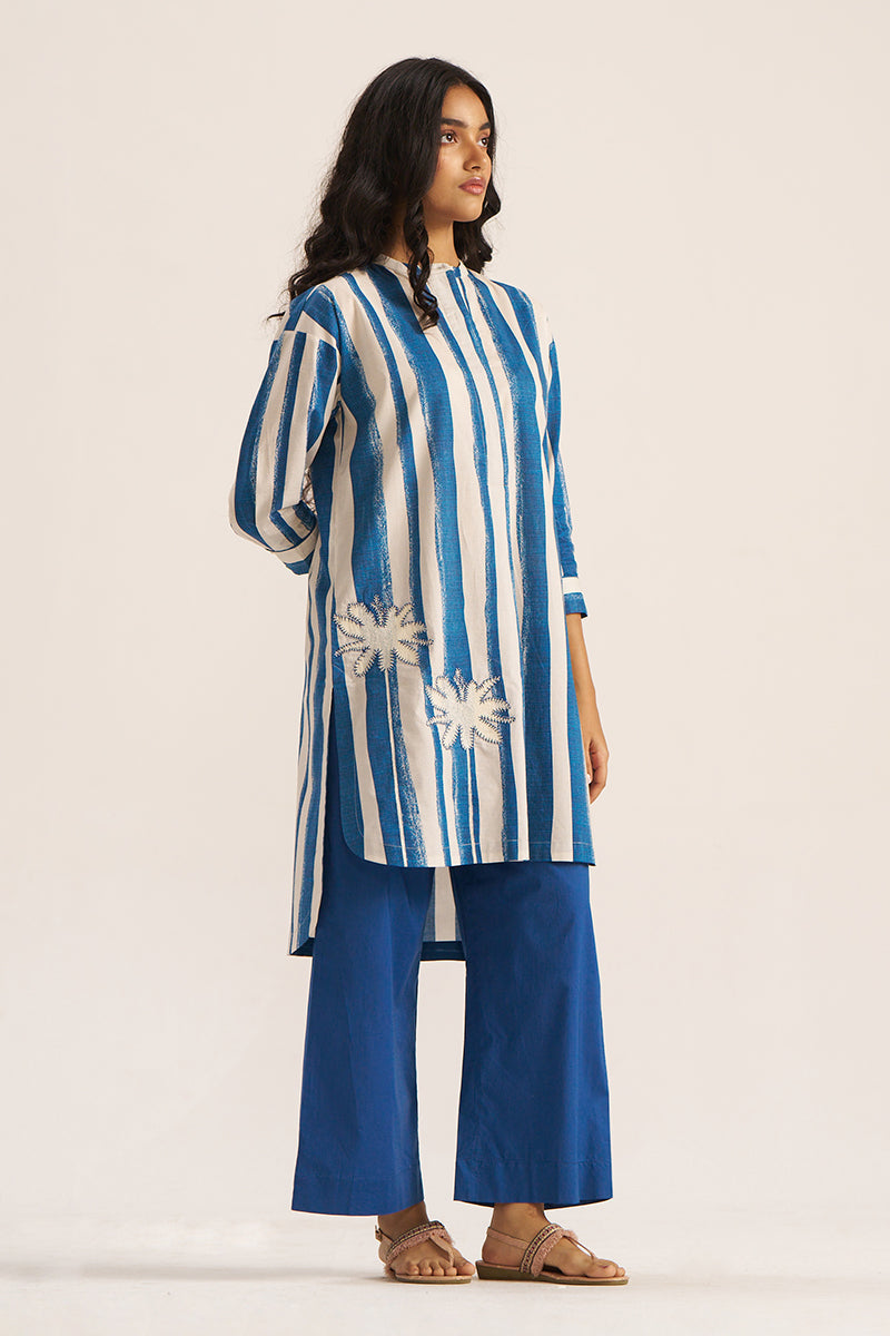 Women's Blue and Cream Stripe Print Co-ord Set