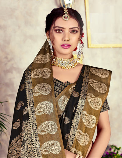 Indyancart GR Women's GJ Black Diamond Jade Black Zari Woven Design Cotton Blend Saree
